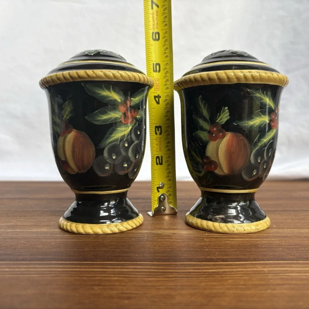Raymond Waites Hand Painted Salt Pepper‎ Shakers Black Fruit Ceramic Set